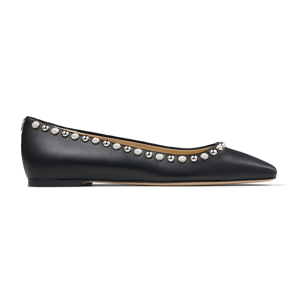 Front angle view of Jimmy Choo Women Mirele Flat Black Nappa Leather Flats with pearl outline