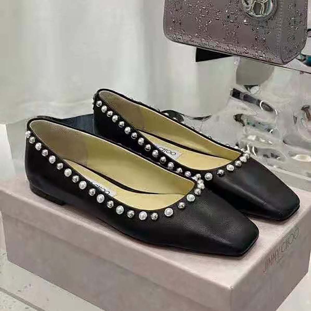 Close-up detail of pearl outline on Jimmy Choo Women Mirele Flat Black Nappa Leather Flats