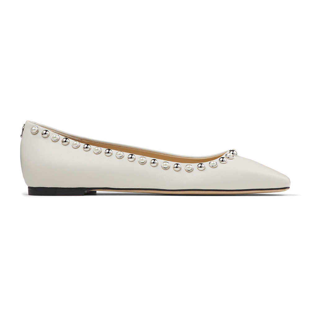 Side view of Jimmy Choo Women Mirele Flat Latte Nappa Leather Flats