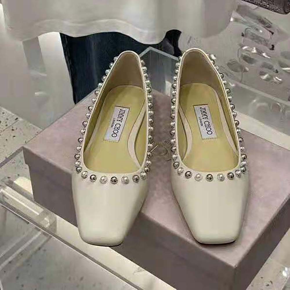 Top-down look at white nappa leather on Jimmy Choo Women Mirele Flats