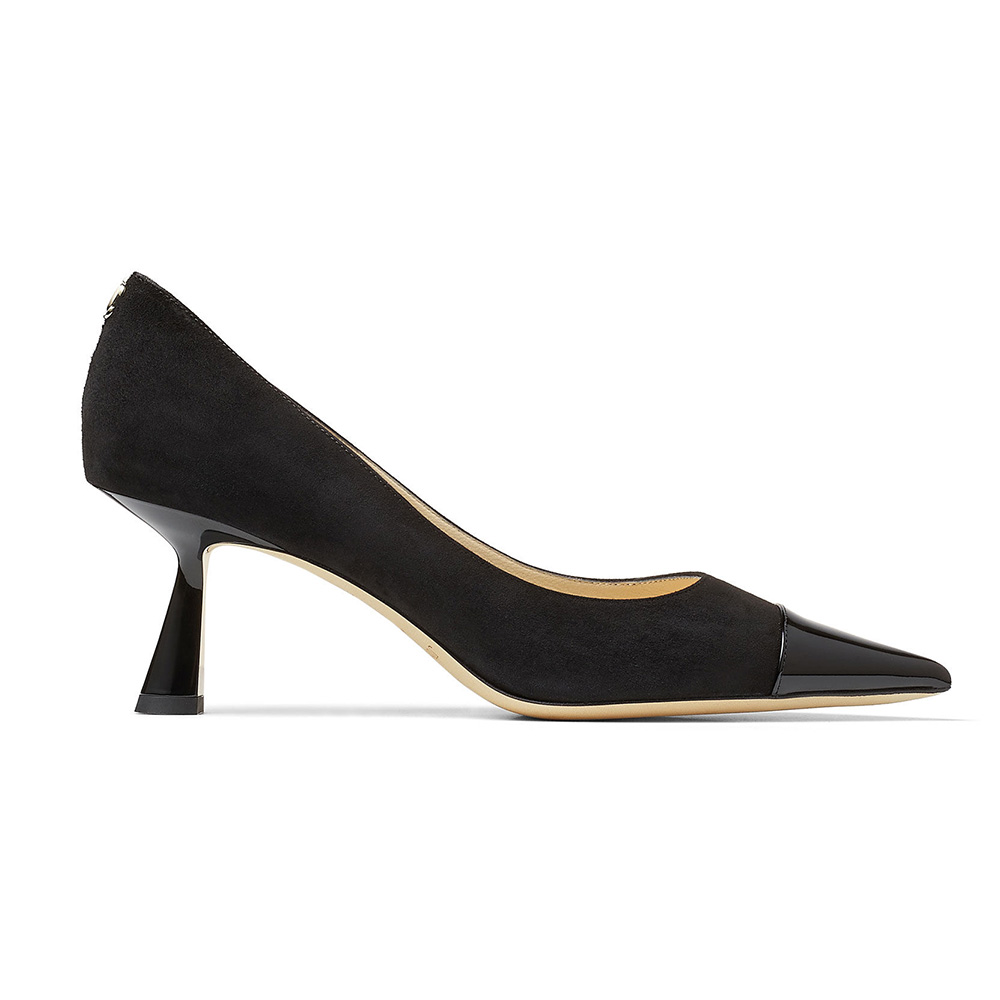 Side angle of Jimmy Choo Women RENE 65 Black Suede and Patent Leather Pointed Pumps