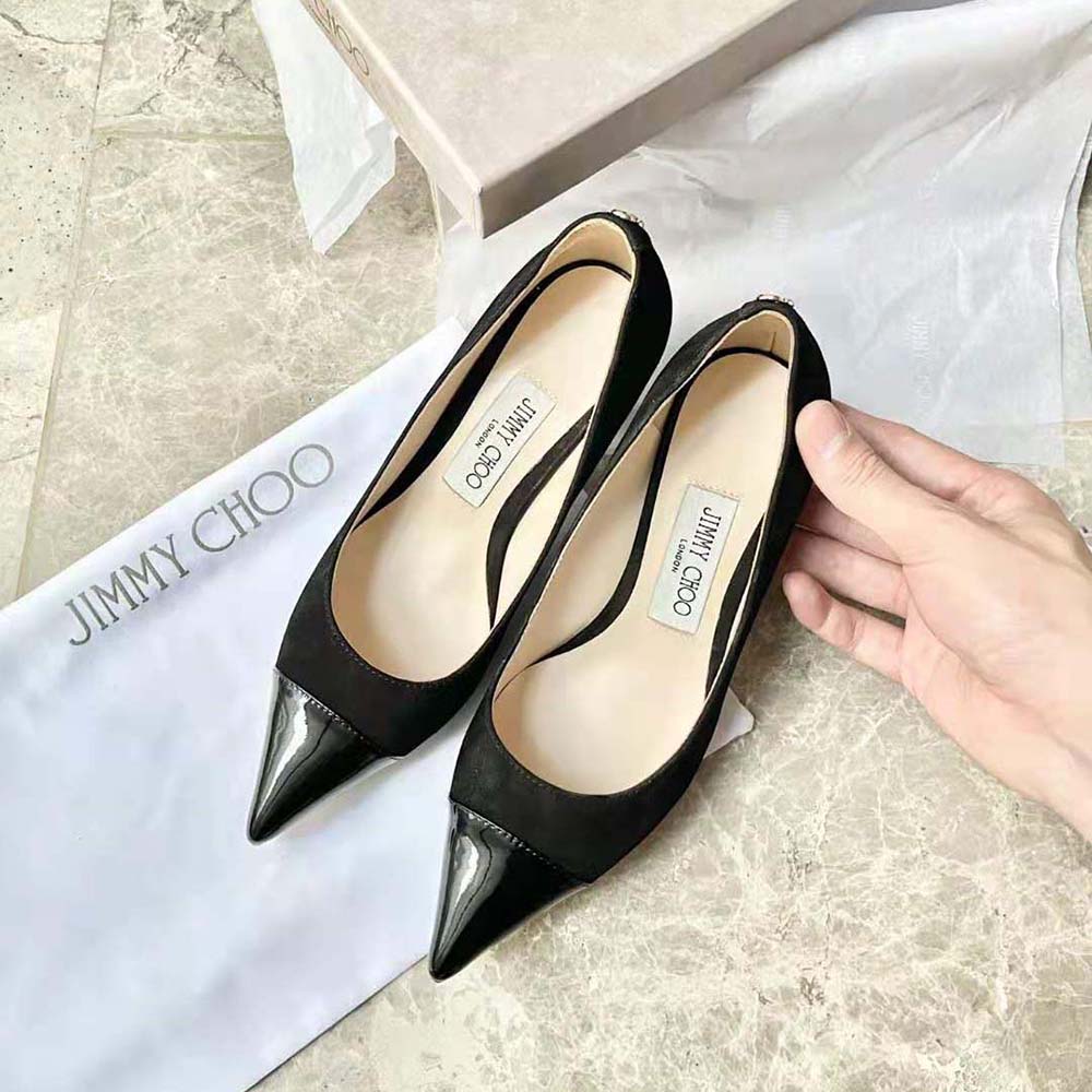 Rear view showing 65mm heel and sleek silhouette of Jimmy Choo pumps