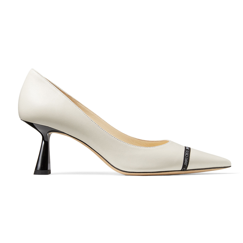 Front angle view of Jimmy Choo Women RENE 65 Latte Nappa Leather Pointed Pumps