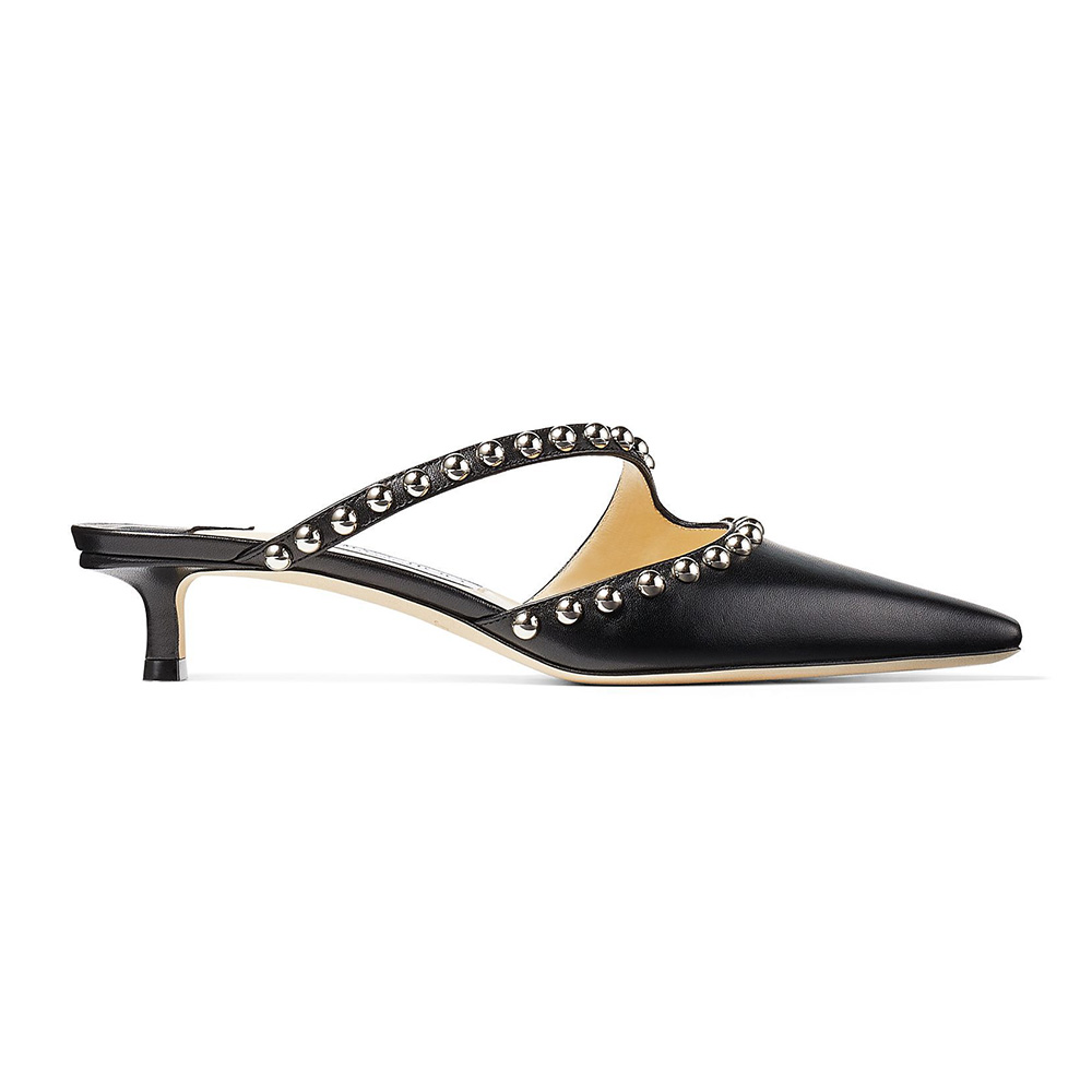 Side profile of Jimmy Choo Women ROS 35 Black Nappa Leather Mules