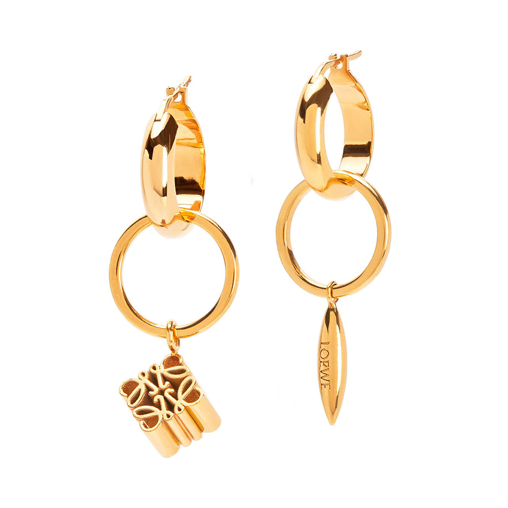 Front view of Loewe Women Anagram Asymmetric Earrings in gold