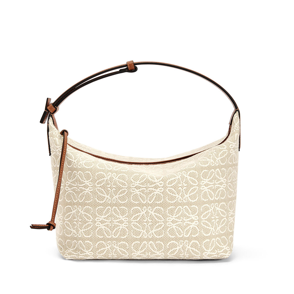 Front view of Loewe Women Cubi Bag in Anagram Jacquard and Calfskin beige