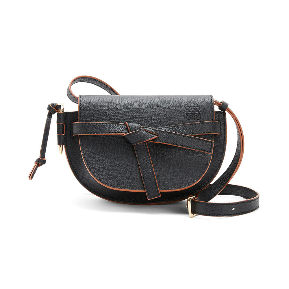 Front view of Loewe Women Mini Gate Dual Bag in Pebble Grain Calfskin-Black