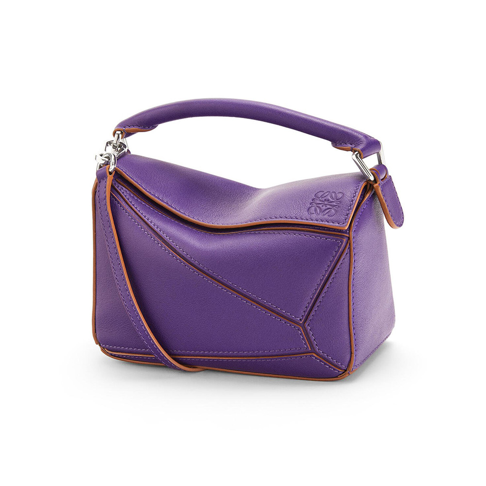 Front angle view of Loewe Women Mini Puzzle Bag in Classic Calfskin-Purple