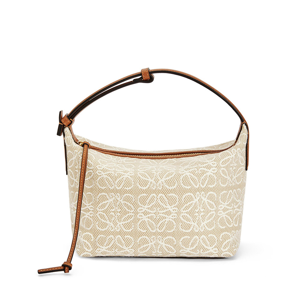 Front view of Loewe Women Small Cubi Bag in beige jacquard and calfskin