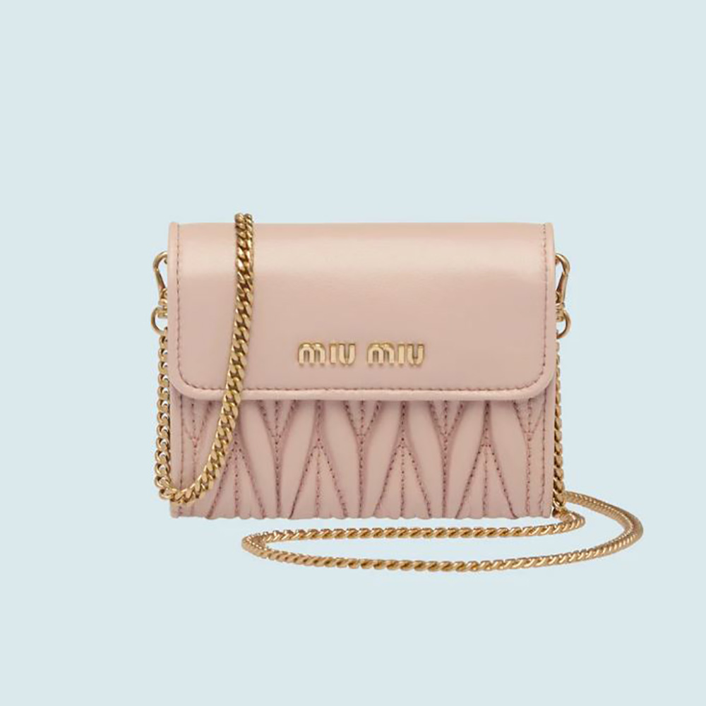 Front view of Miu Miu Women Nappa Leather Wallet with Shoulder Strap-Pink