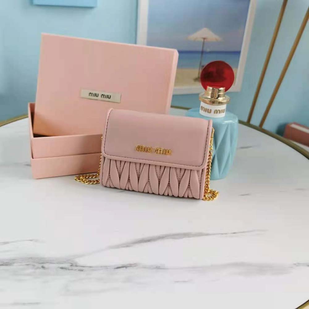 Close-up of silver hardware on Miu Miu Women Nappa Leather Wallet with Shoulder Strap-Pink