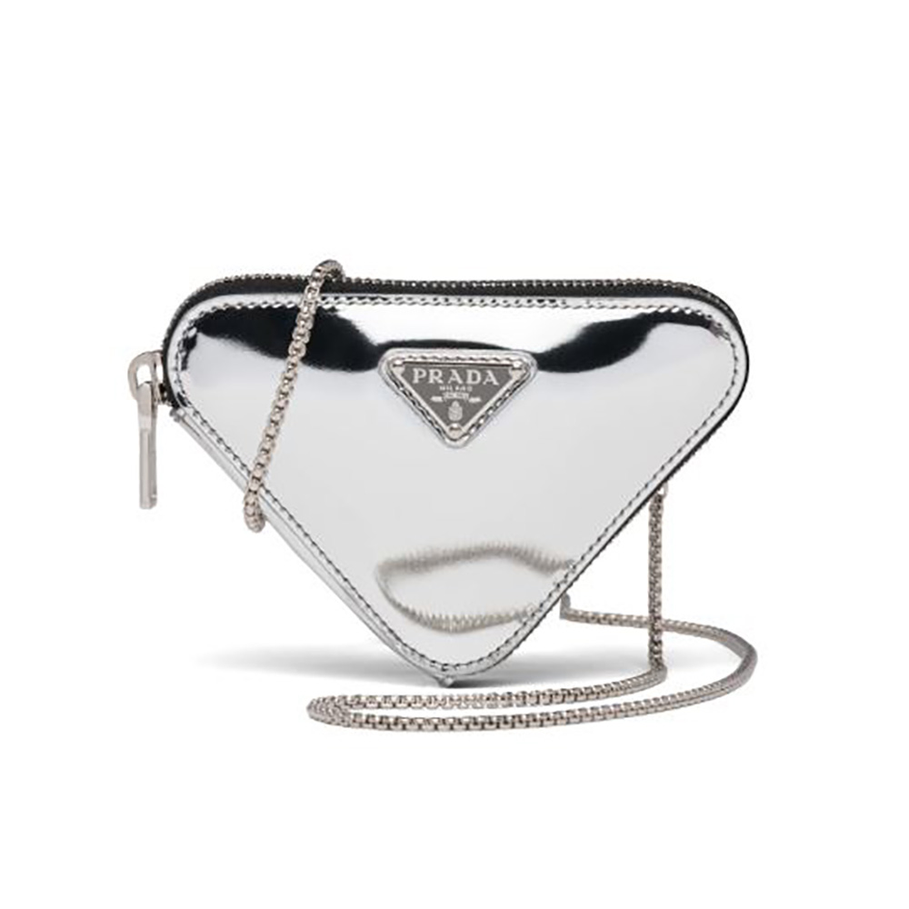 Front view of Prada Women Brushed Leather Mini-Pouch-Silver showing sleek silhouette
