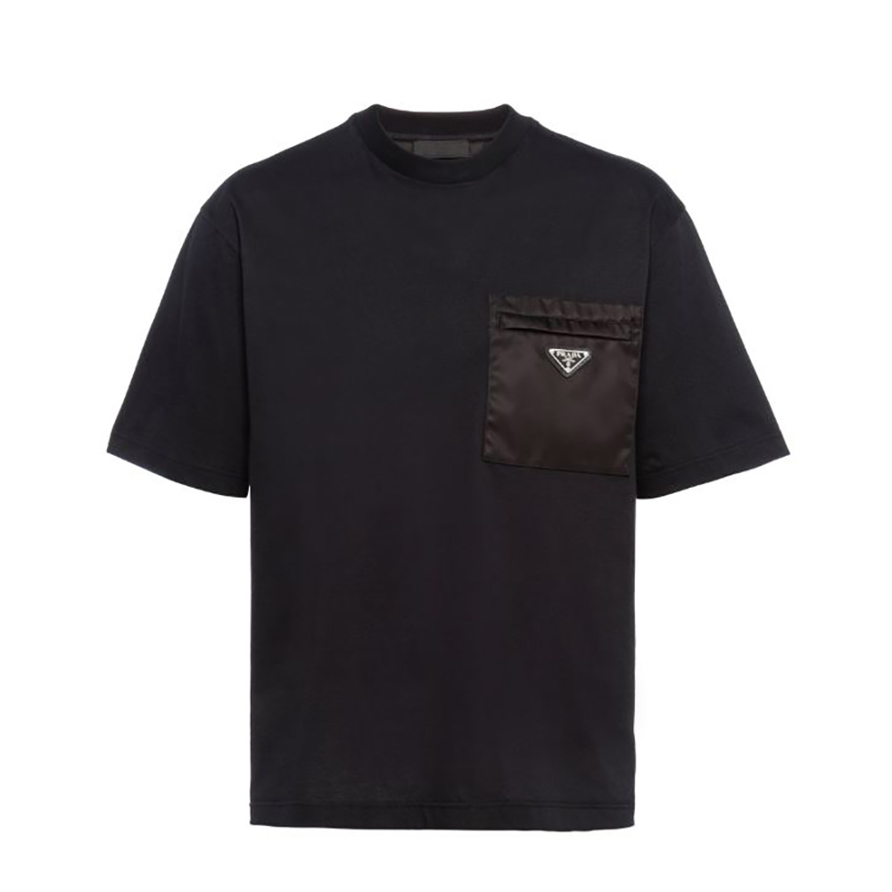 Front view of Prada Men Cotton T-shirt with Nylon Pocket-Black