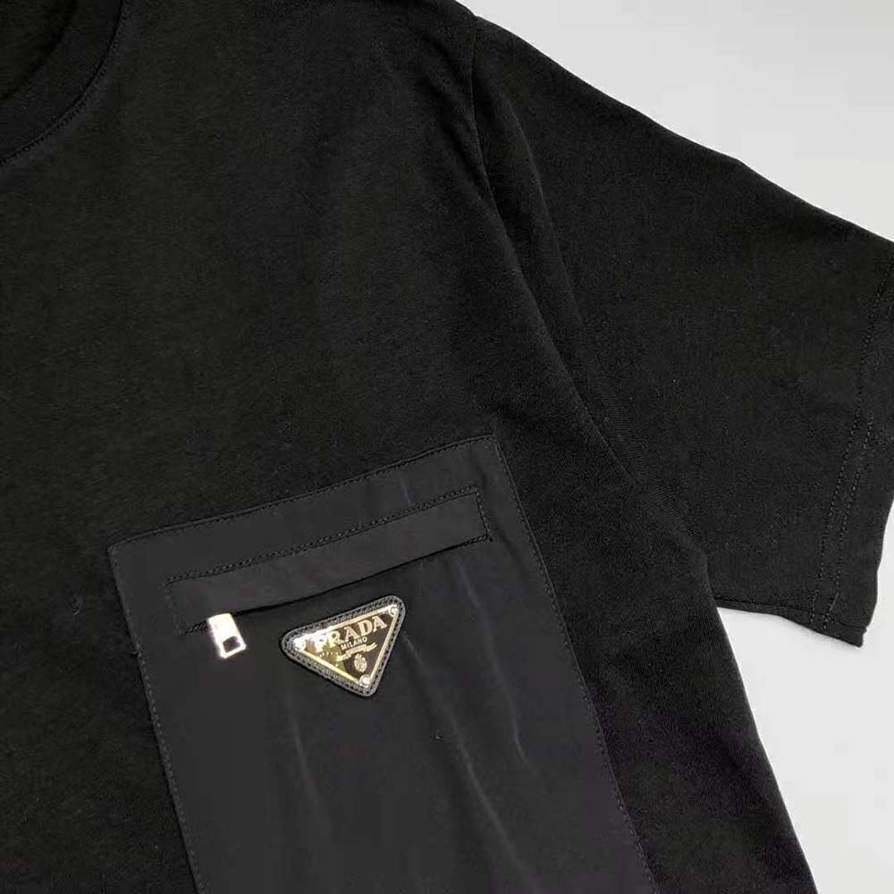 Prada Men Cotton T-shirt with Nylon Pocket-Black - image 5