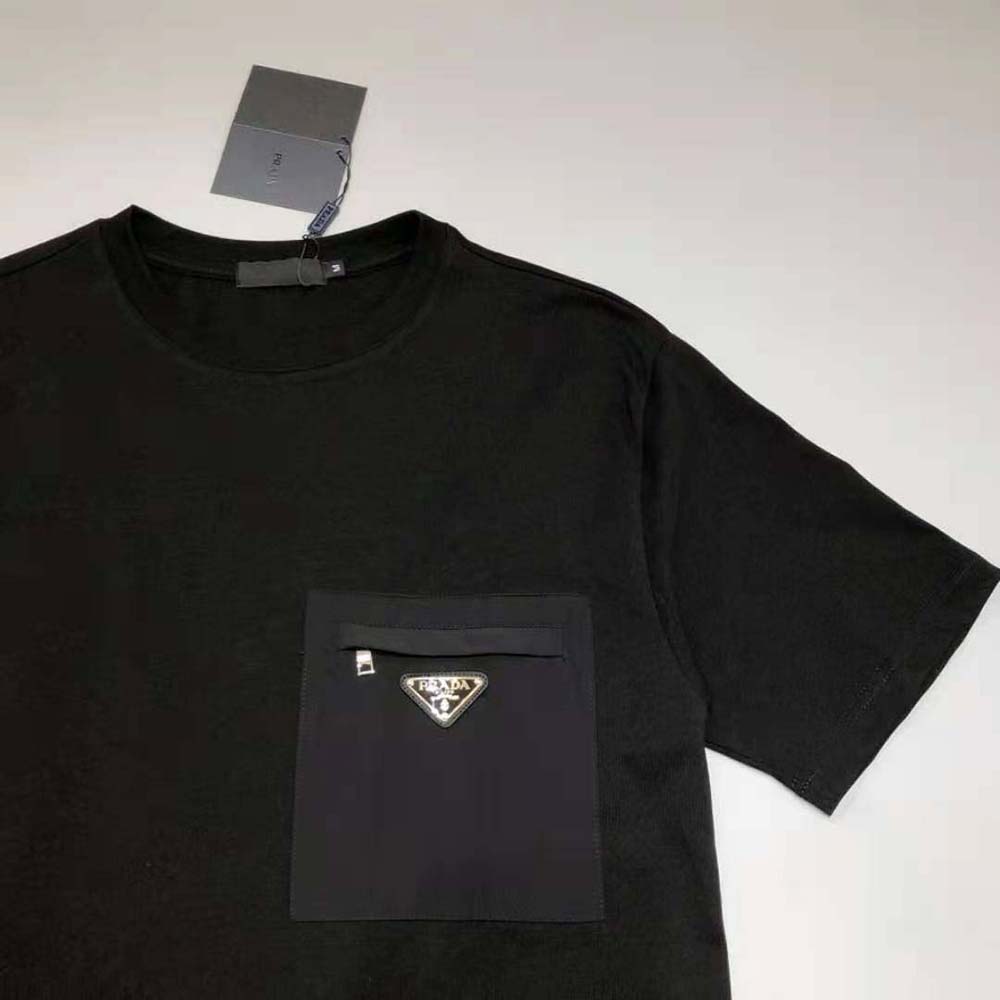 Prada Men Cotton T-shirt with Nylon Pocket-Black - image 6
