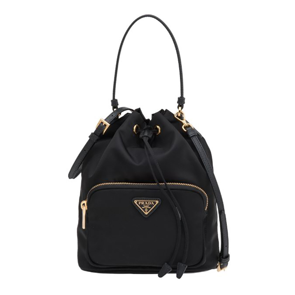 Front view of Prada Women Duet Re-Nylon Shoulder Bag-Black with zip closure