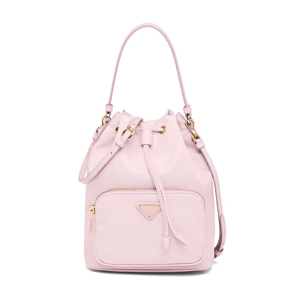 Front view of Prada Women Duet Re-Nylon Shoulder Bag-Pink with silver hardware