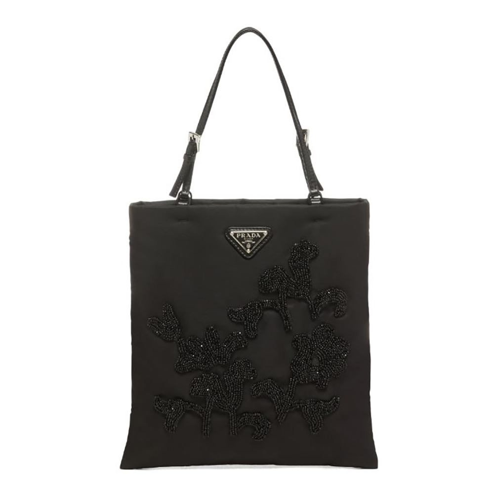 Front view of Prada Women Embroidered Nylon Handbag-Black with zipper