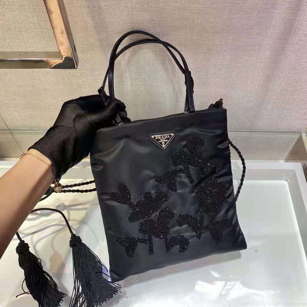 Prada Women Embroidered Nylon Handbag-Black - image 5