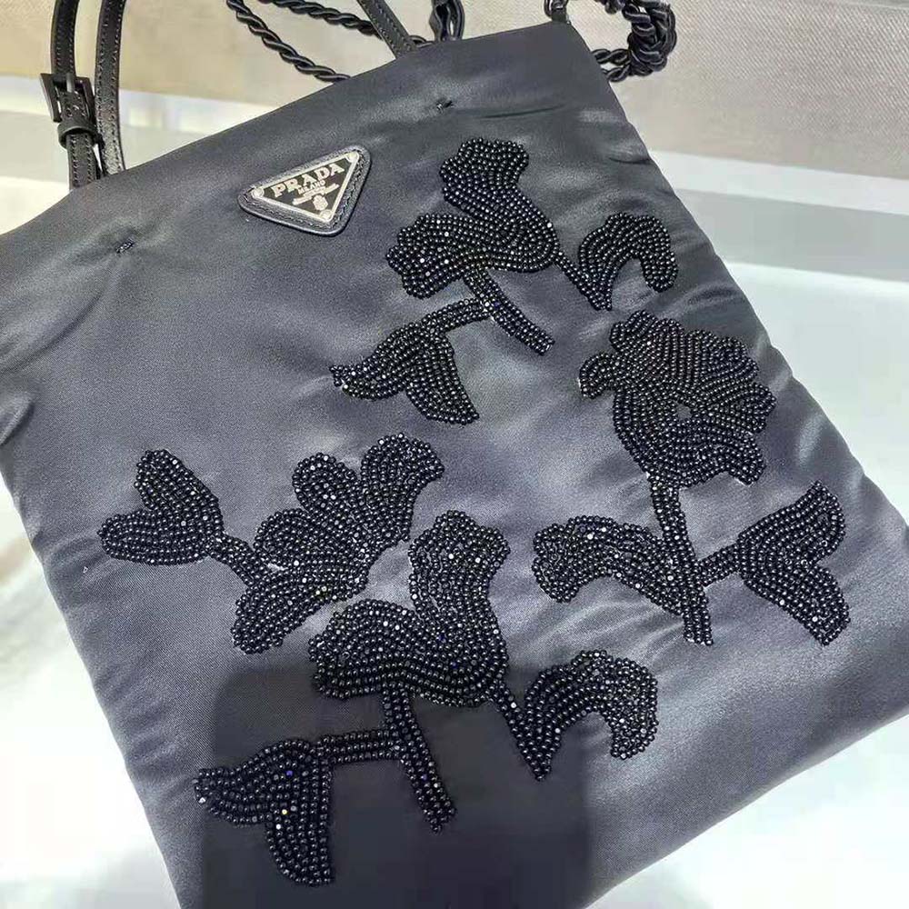 Prada Women Embroidered Nylon Handbag-Black - image 9