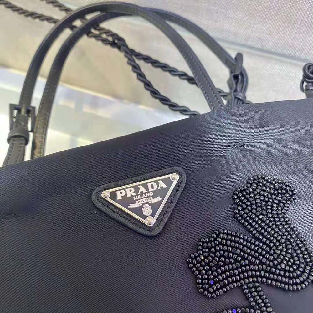 Prada Women Embroidered Nylon Handbag-Black - image 8