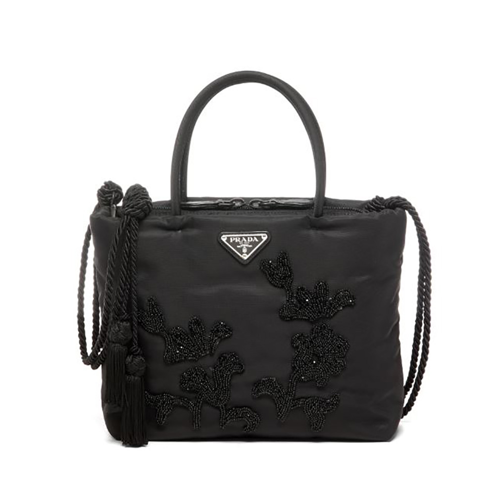 Front view of Prada Women Embroidered Nylon in Leather Handbag-Black