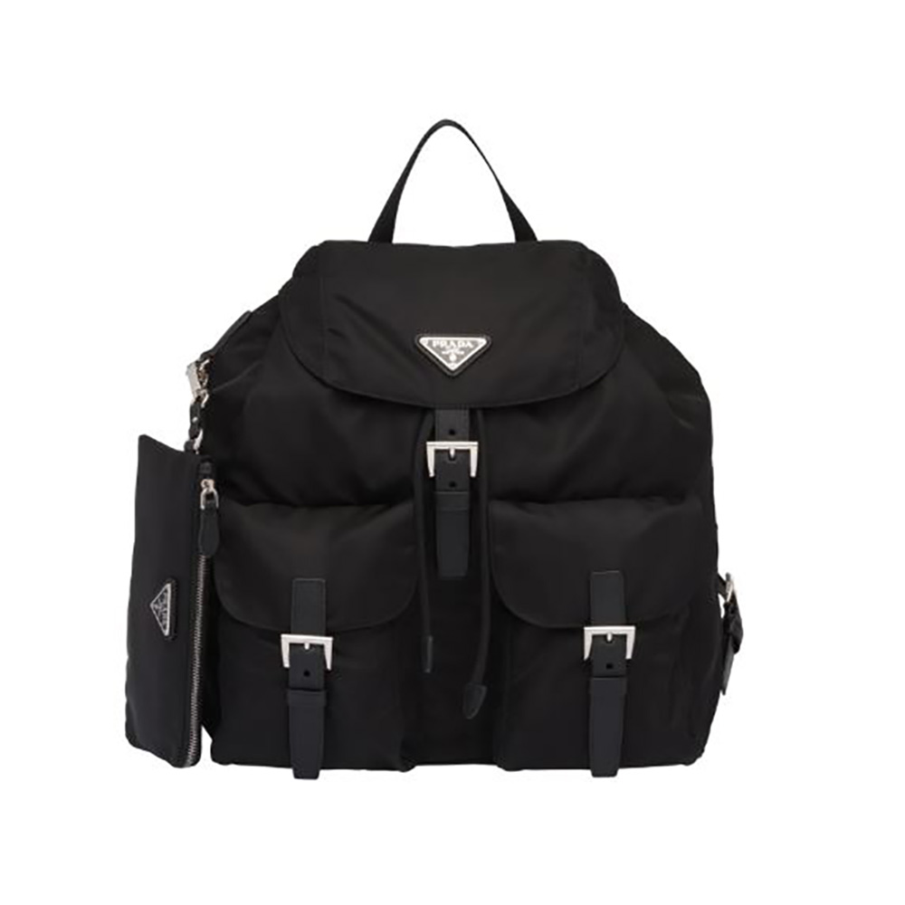 Front view of Prada Women Medium Nylon Backpack-Black with logo plaque