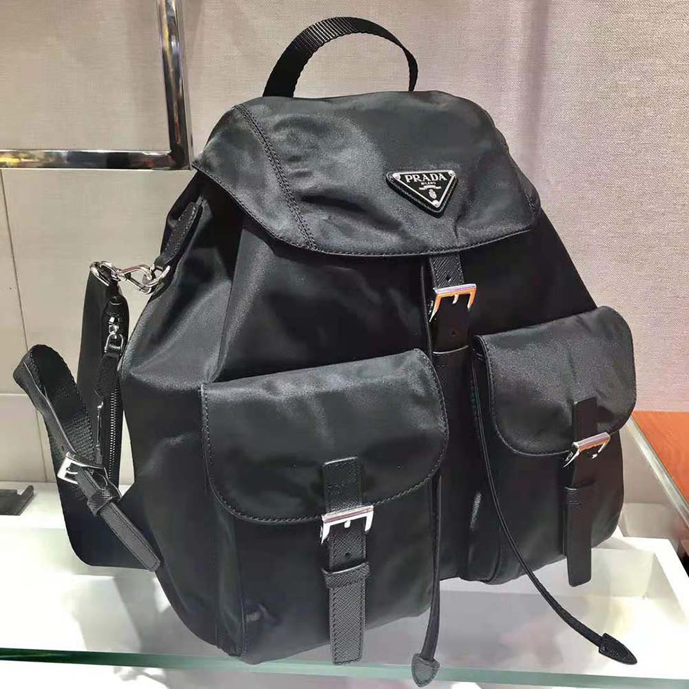 Back and adjustable straps detail of Prada Women Medium Nylon Backpack-Black