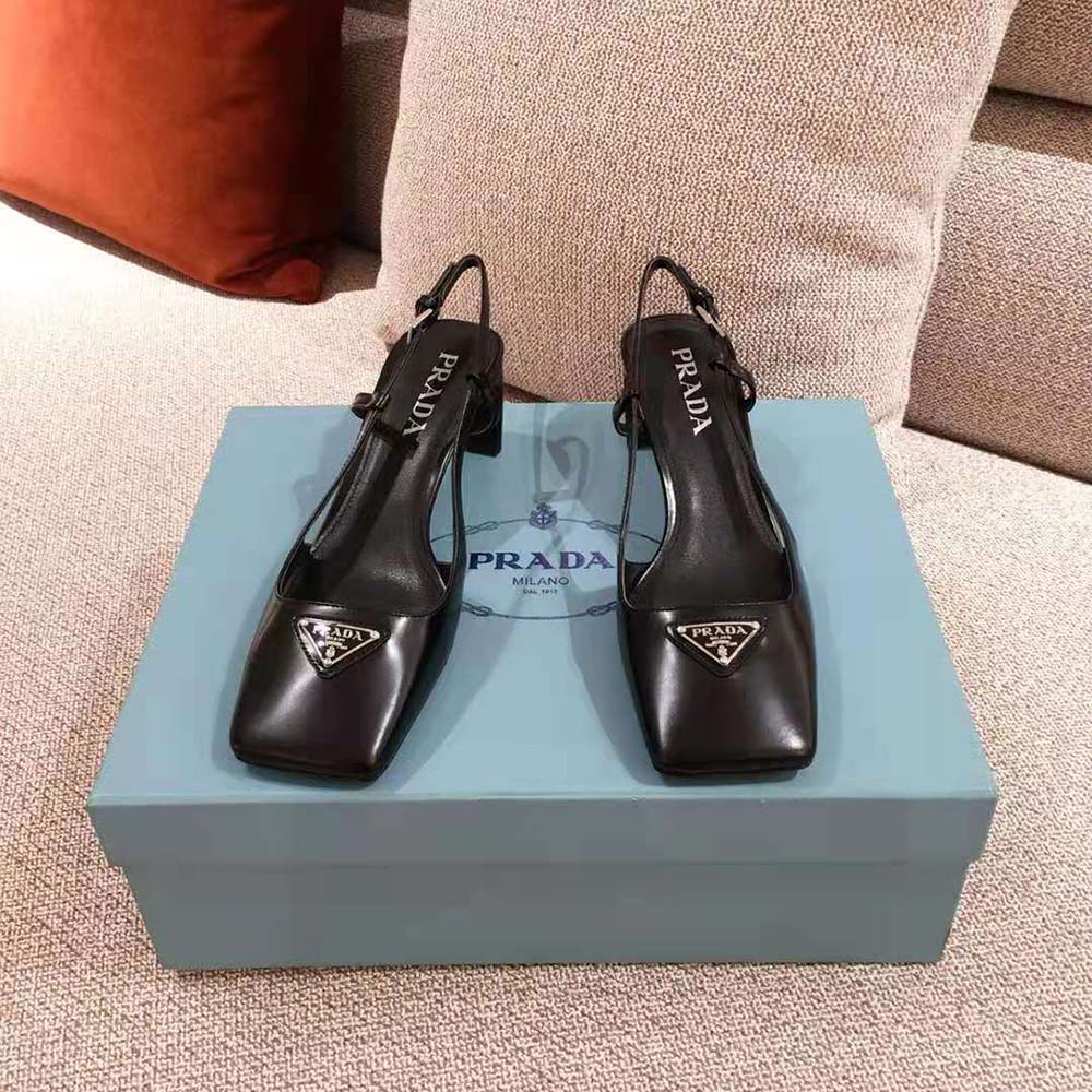 Back angle showing adjustable slingback strap on Prada slingbacks