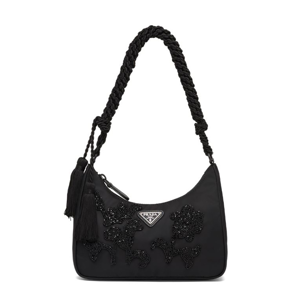 Front angle of Prada Women Nylon Bag with Embroidery-Black showing embroidery detail