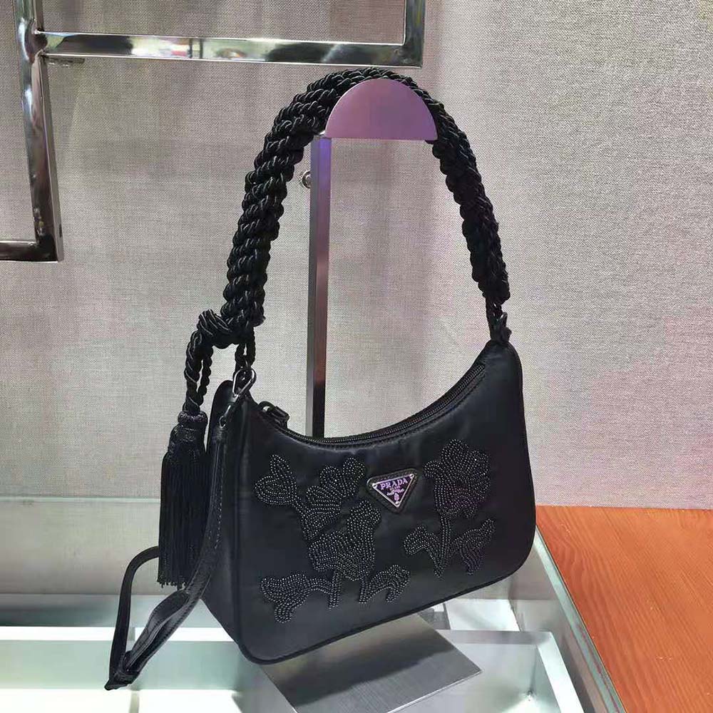 Side view highlighting shape of Prada Women Nylon Bag with Embroidery-Black