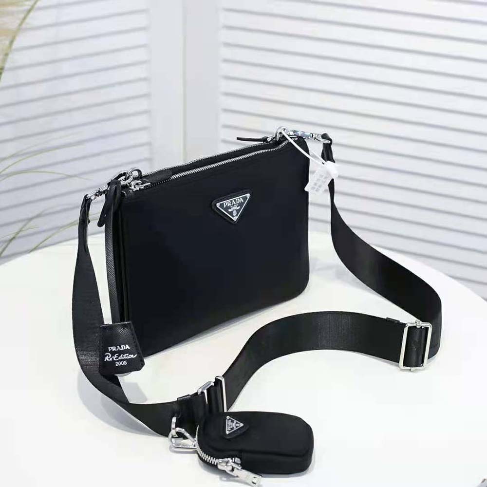 Side angle showing zipper and strap of Prada Women Nylon Shoulder Bag
