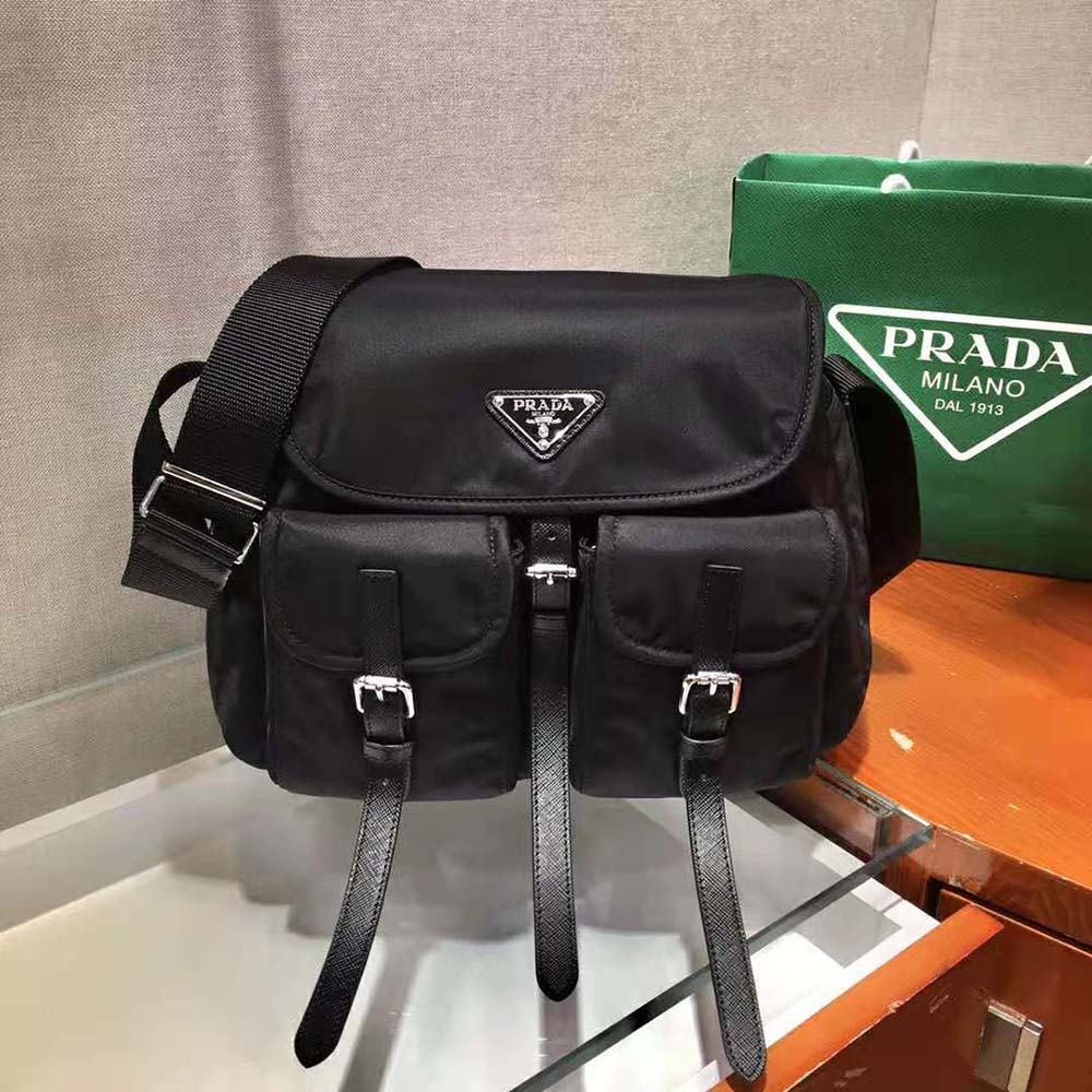 Close-up of silver-tone zip closure on Prada Women Nylon Shoulder Bag-Black