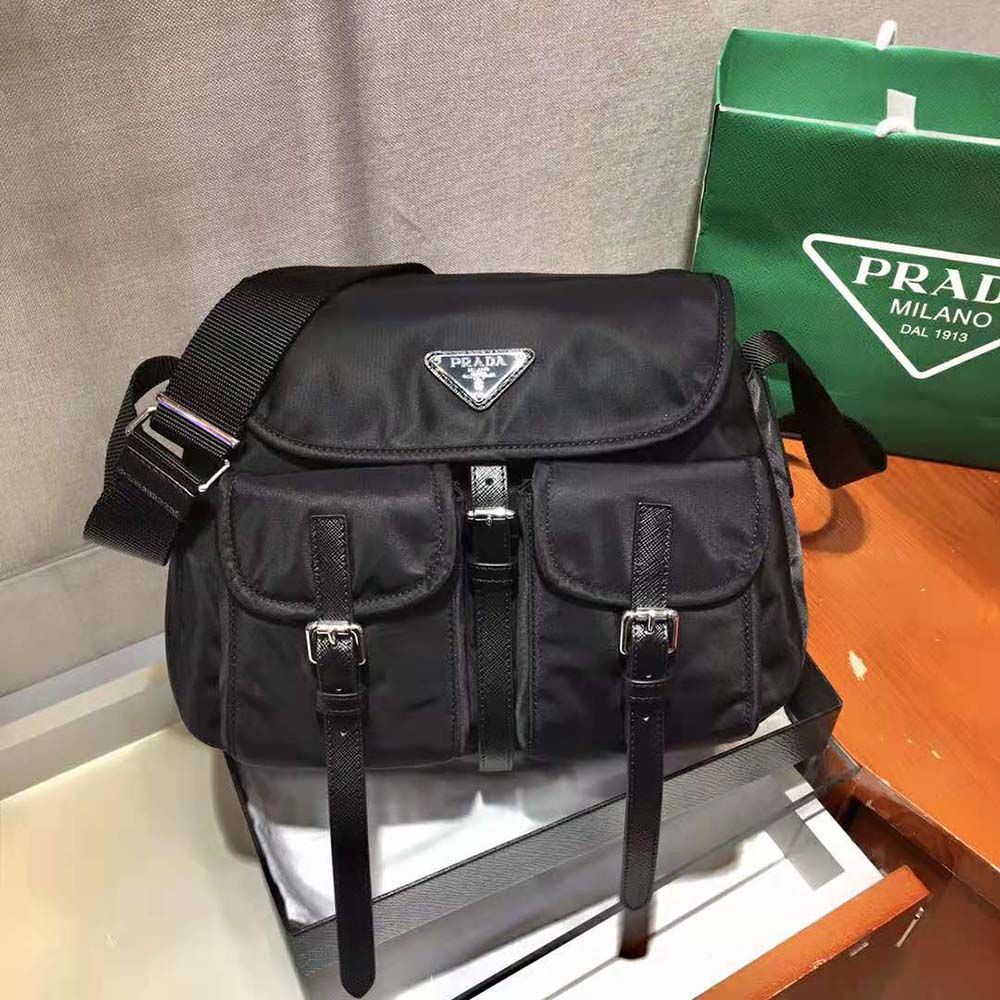 Side view showing adjustable strap of Prada Women Nylon Shoulder Bag-Black