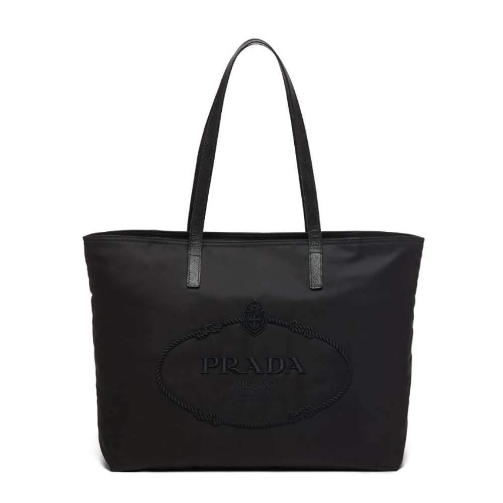 Front view of Prada Women Nylon Tote with embroidered logo in black