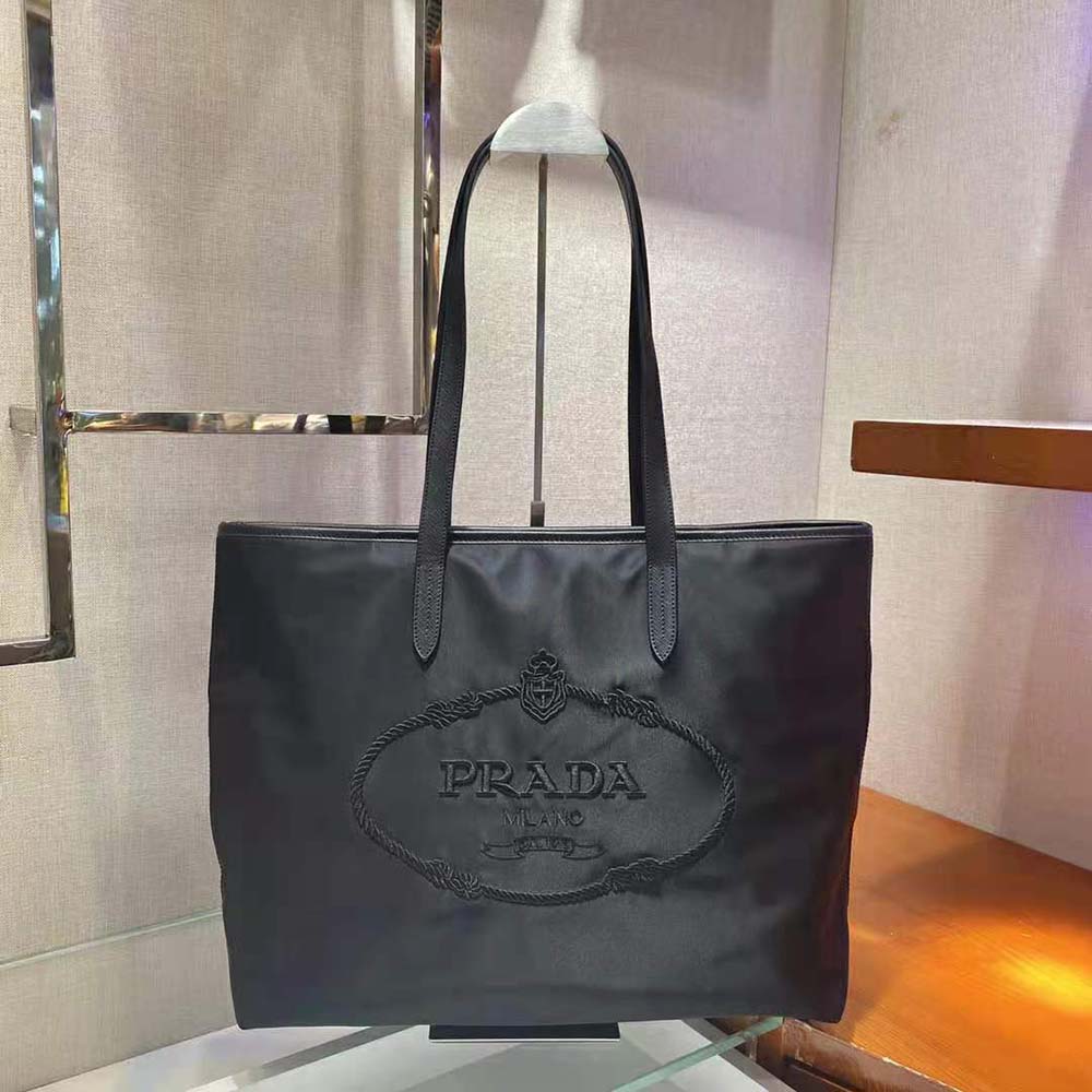 Close-up detail of embroidered logo on Prada Women Nylon Tote