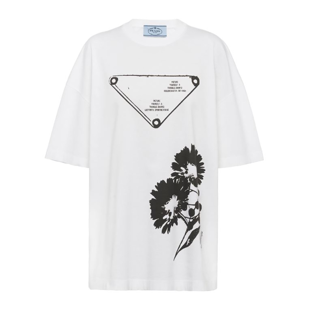 Front view of Prada Women Oversized Printed Jersey T-shirt-White on white background