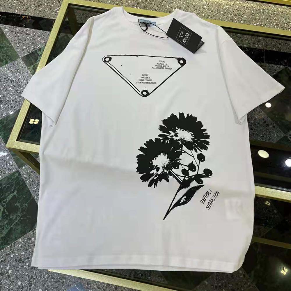 Close-up of printed logo detail on Prada Women Oversized Printed Jersey T-shirt-White