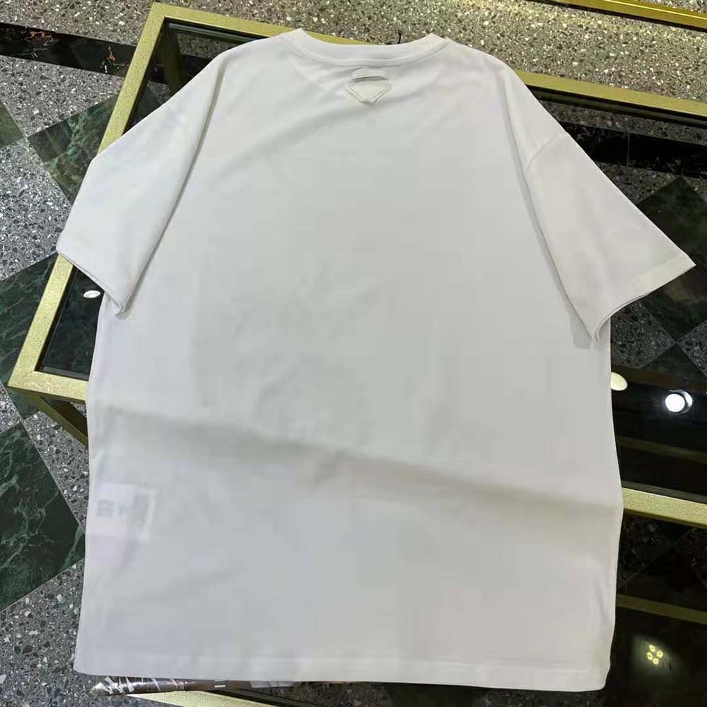 Side angle showing oversized fit of Prada Women Oversized Printed Jersey T-shirt-White