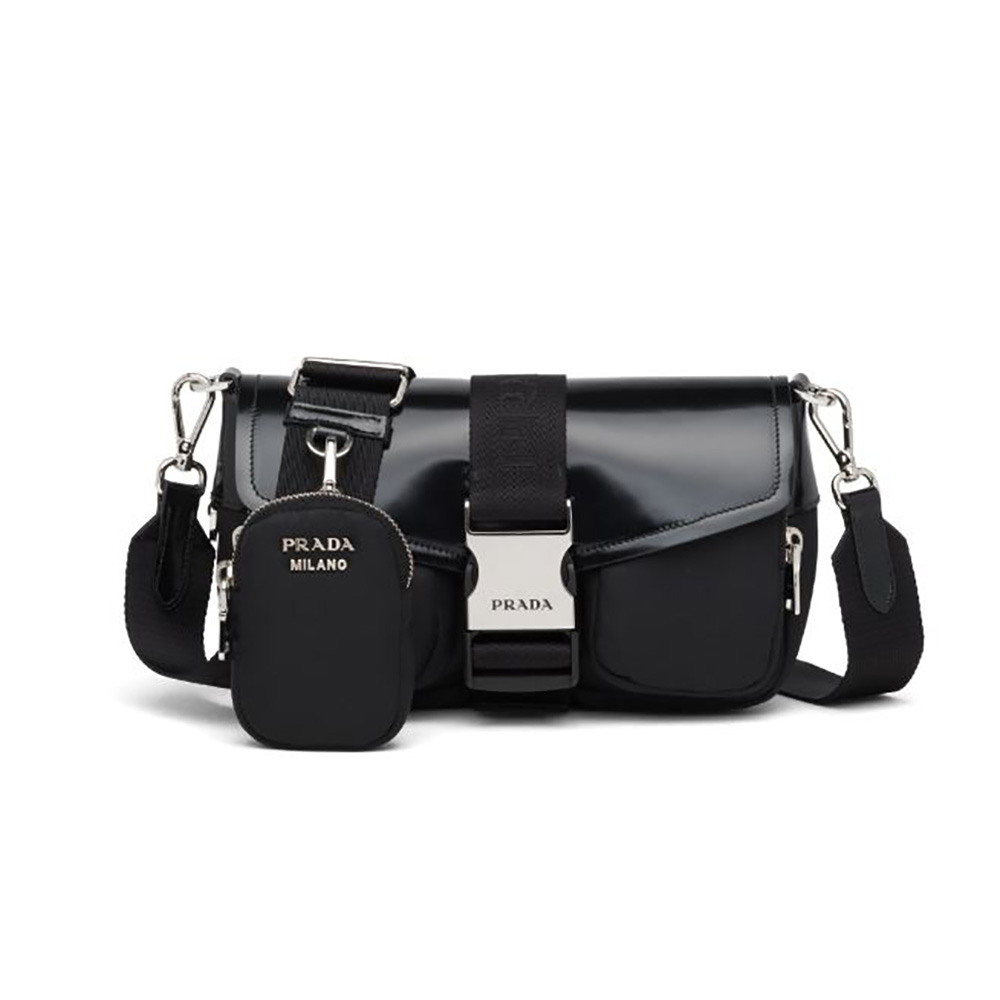 Front view of Prada Women Pocket Nylon and Brushed Leather Bag-Black