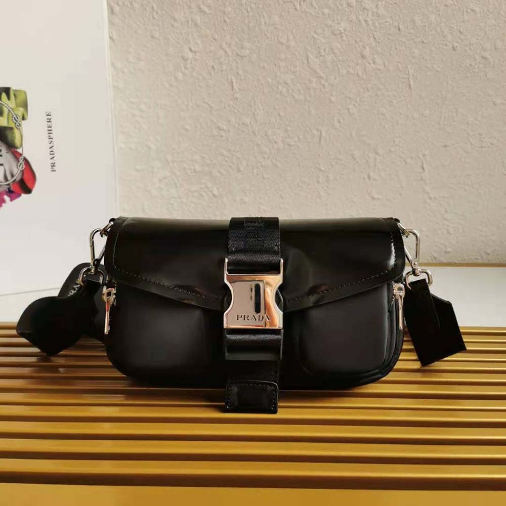 Close-up of brushed leather detail on Prada Women Pocket Nylon and Brushed Leather Bag-Black