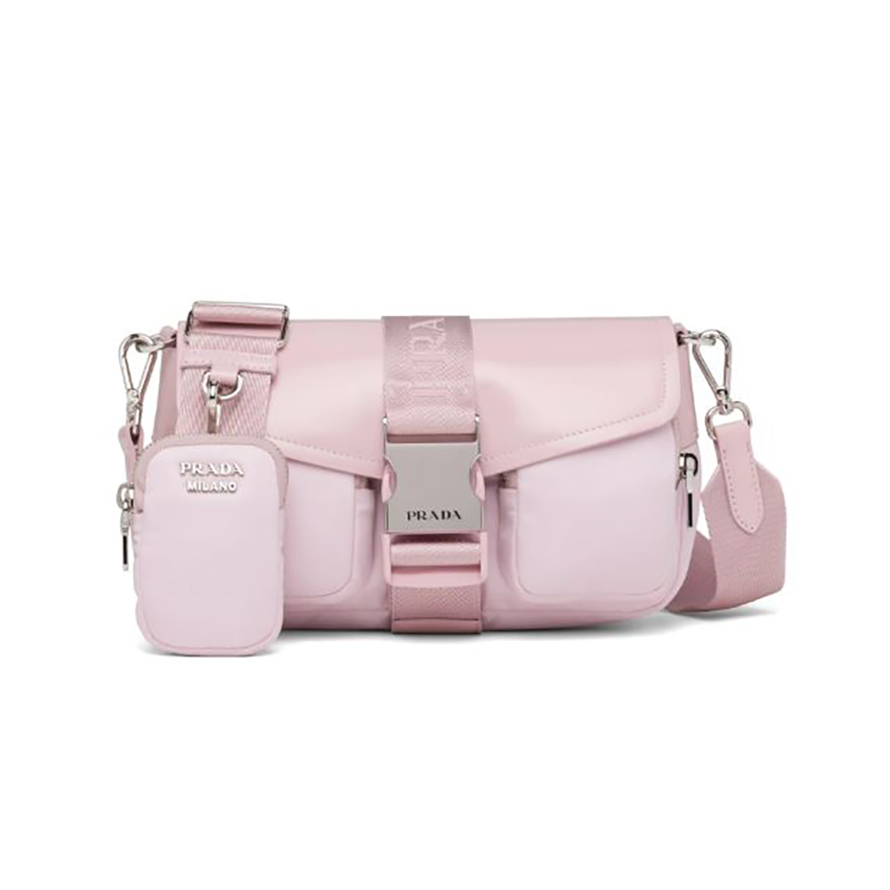 Front view of Prada Women Pocket Nylon and Brushed Leather Bag-Pink