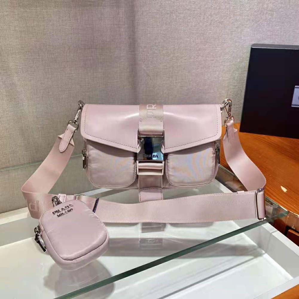 Close-up of brushed leather and silver hardware on Prada Women Pocket Nylon and Brushed Leather Bag-Pink