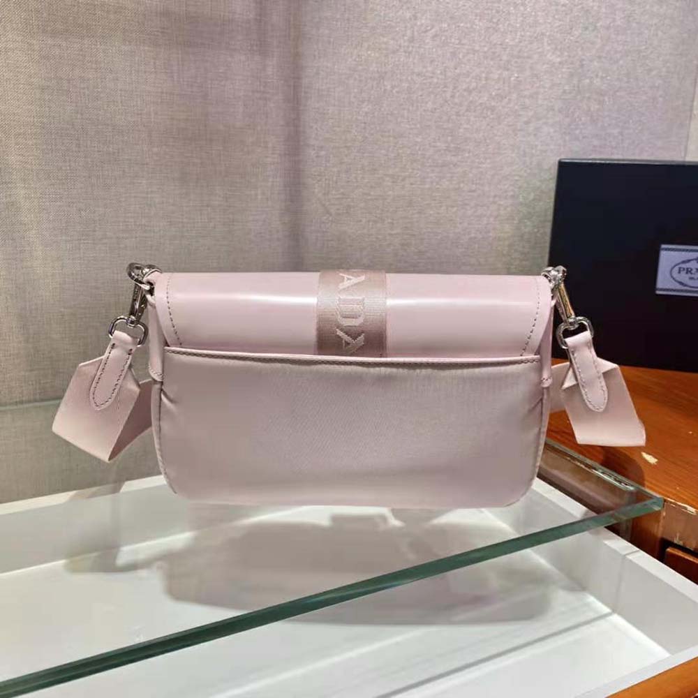 Side angle showing adjustable strap of Prada Women Pocket Nylon and Brushed Leather Bag-Pink