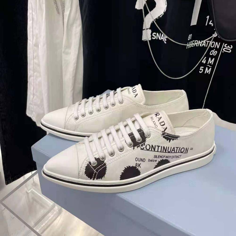 Overhead shot showing cushioned insole inside Prada White Gabardine Sneakers