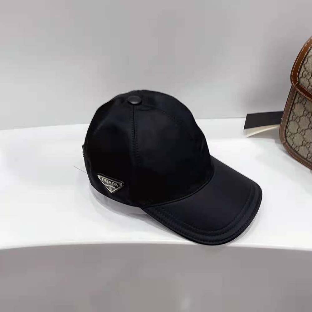 Side angle of Prada Women Re-Nylon Baseball Cap-Black with adjustable strap