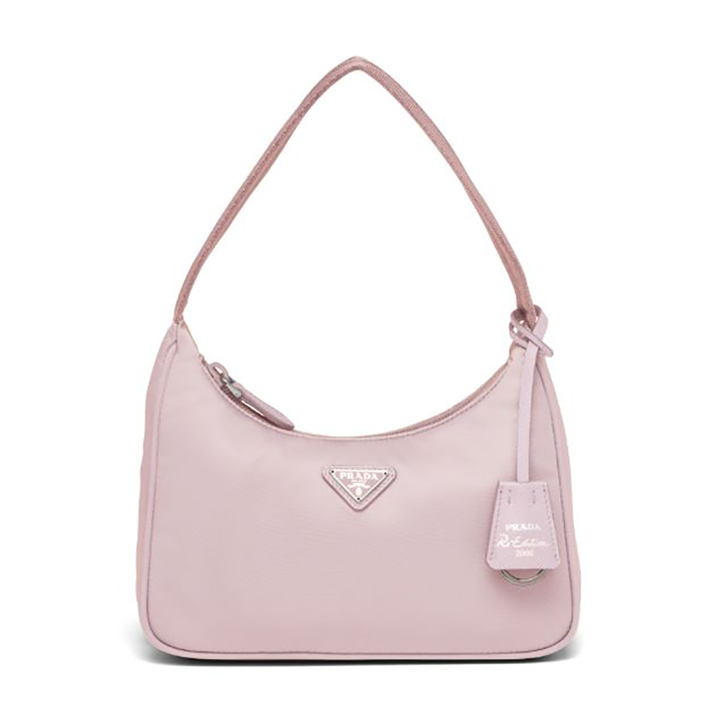 Front view of Prada Women Re-Nylon Re-Edition 2000 Mini-Bag-Pink with logo