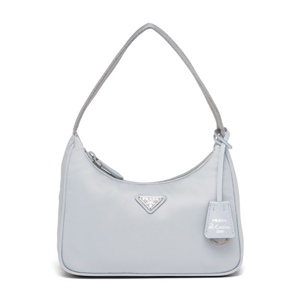 Front view of Prada Women Re-Nylon Re-Edition 2000 Mini-Bag-Silver with zipper