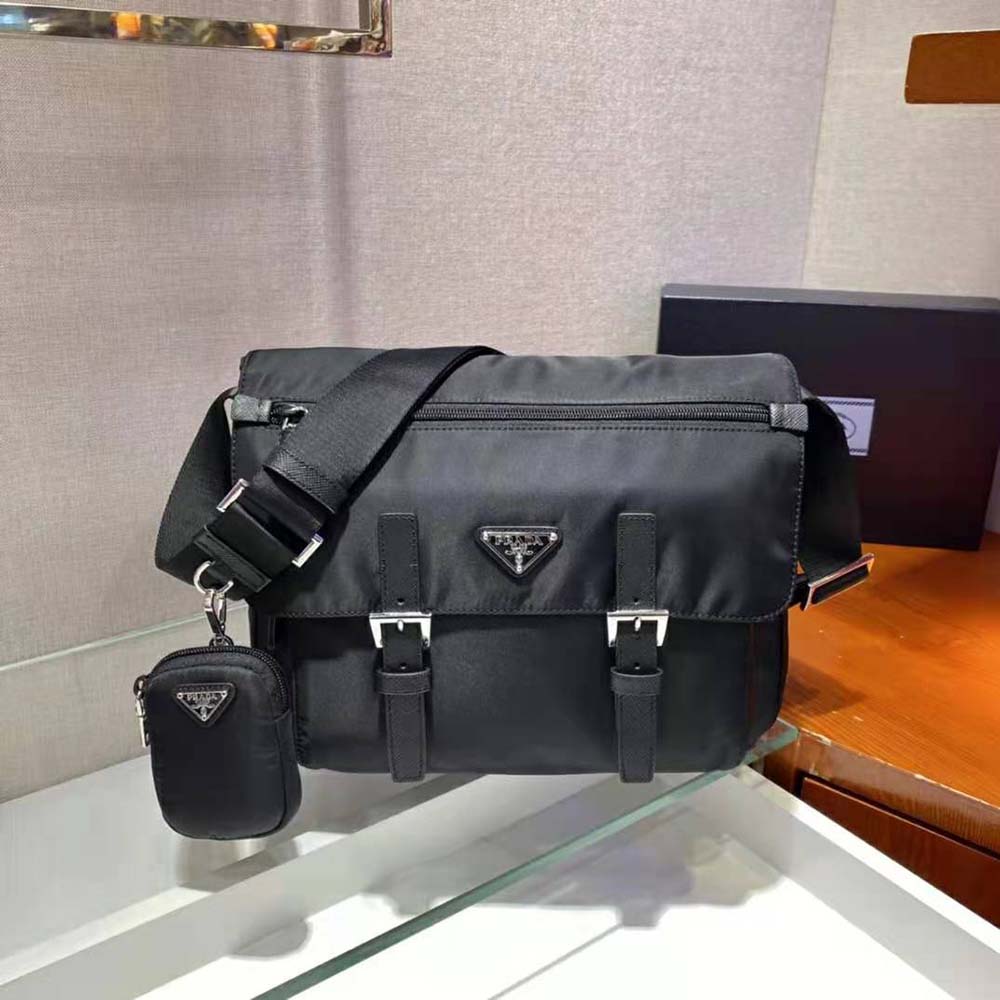 Close-up of silver hardware on Prada Women Re-Nylon Shoulder Bag-Black