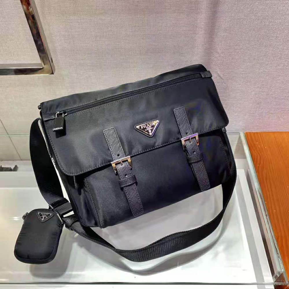 Side angle of Prada Women Re-Nylon Shoulder Bag-Black with strap detail